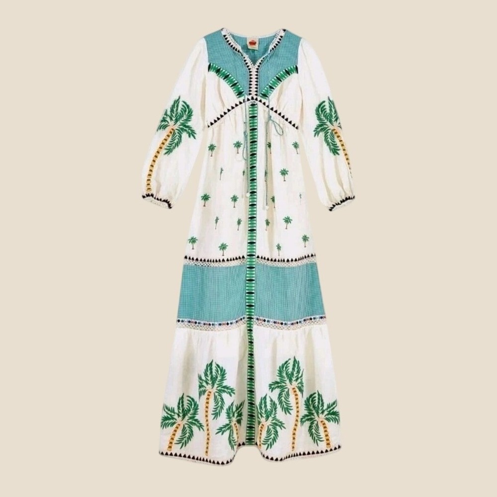 Farm Rio Palm Tree NWT Embroidered Maxi Dress L White Green Gingham Boho Linen - Picture 2 of 16